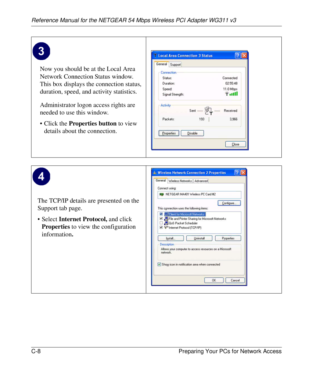 NETGEAR WG311v3 manual TCP/IP details are presented on Support tab 