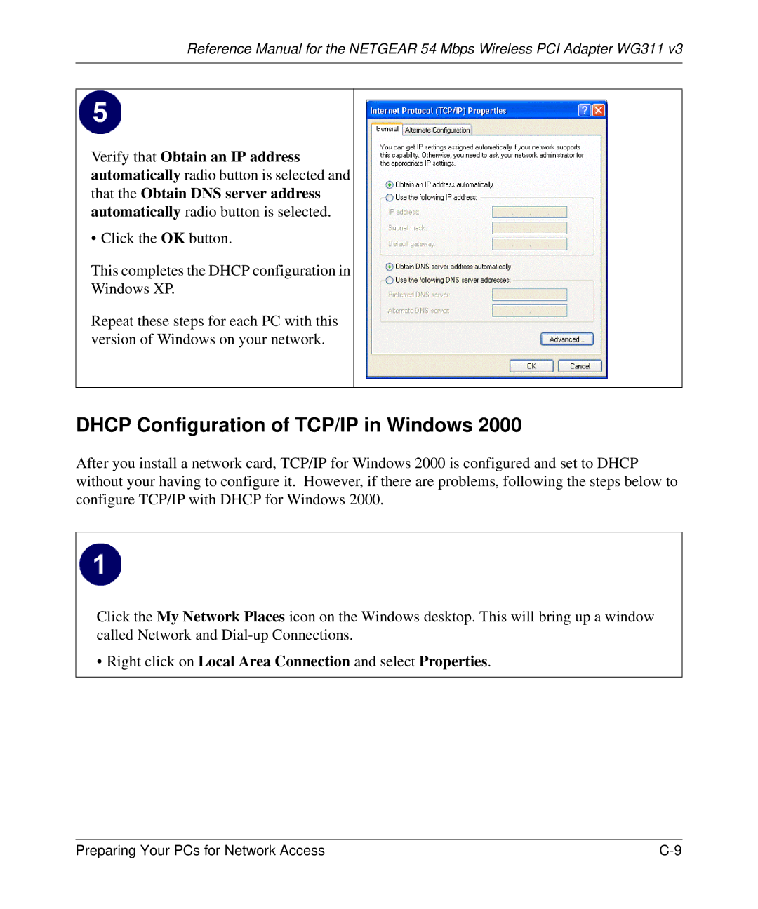 NETGEAR WG311v3 manual Dhcp Configuration of TCP/IP in Windows, Verify that Obtain an IP address 