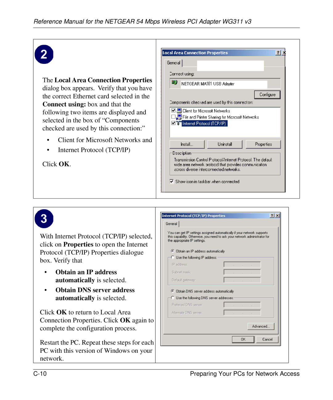 NETGEAR WG311v3 manual Obtain an IP address automatically is selected 