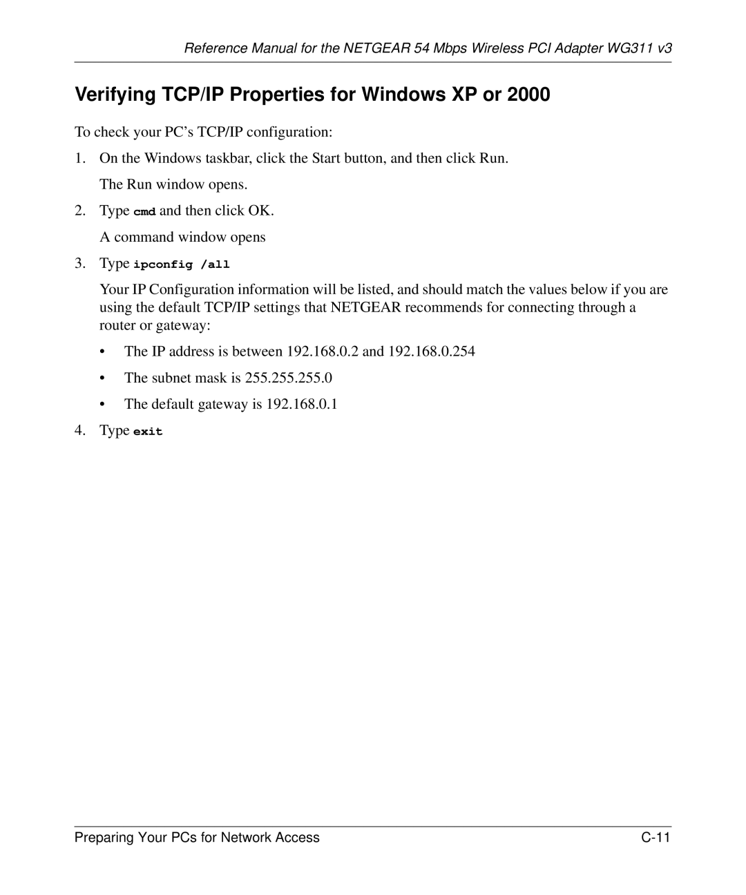 NETGEAR WG311v3 manual Verifying TCP/IP Properties for Windows XP or 