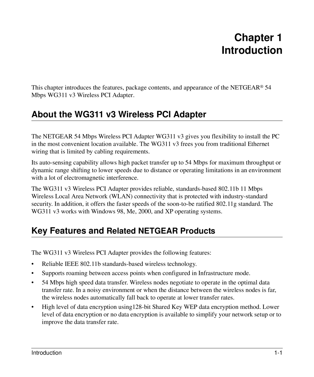 NETGEAR WG311v3 Chapter Introduction, About the WG311 v3 Wireless PCI Adapter, Key Features and Related Netgear Products 