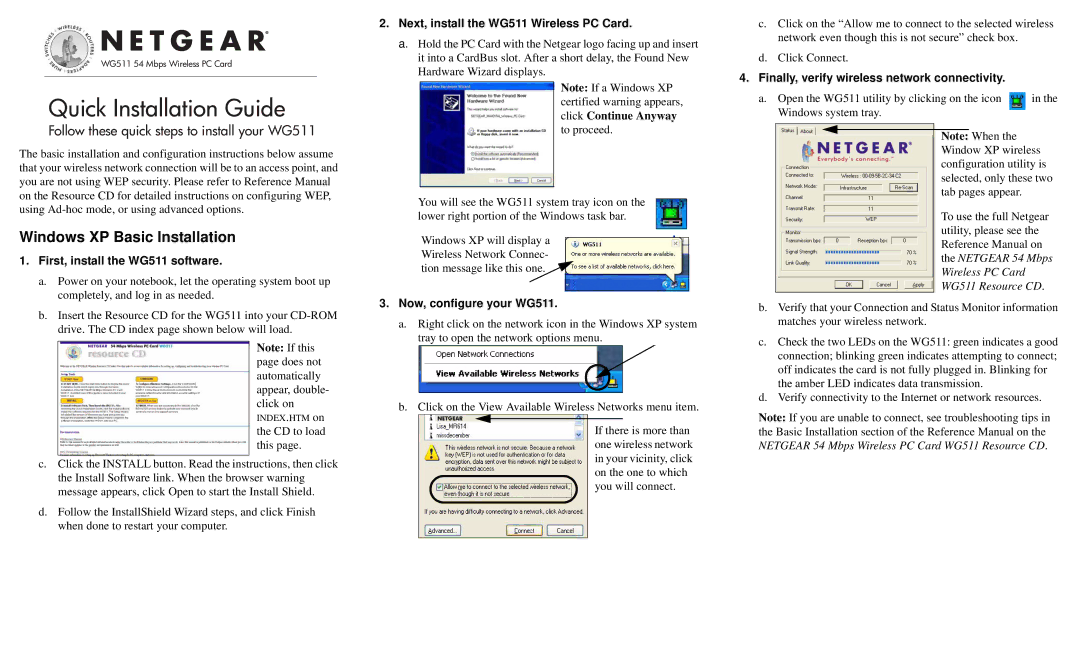 NETGEAR WG511 manual Quick Installation Guide, Windows XP Basic Installation 