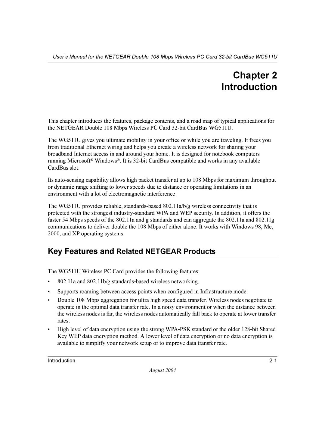 NETGEAR WG511U user manual Chapter Introduction, Key Features and Related Netgear Products 