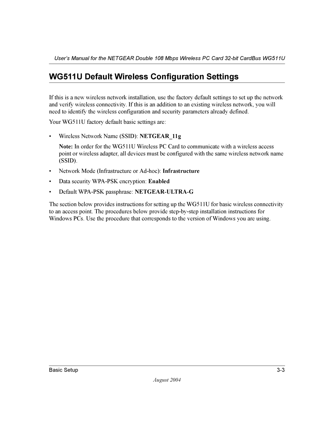 NETGEAR user manual WG511U Default Wireless Configuration Settings 