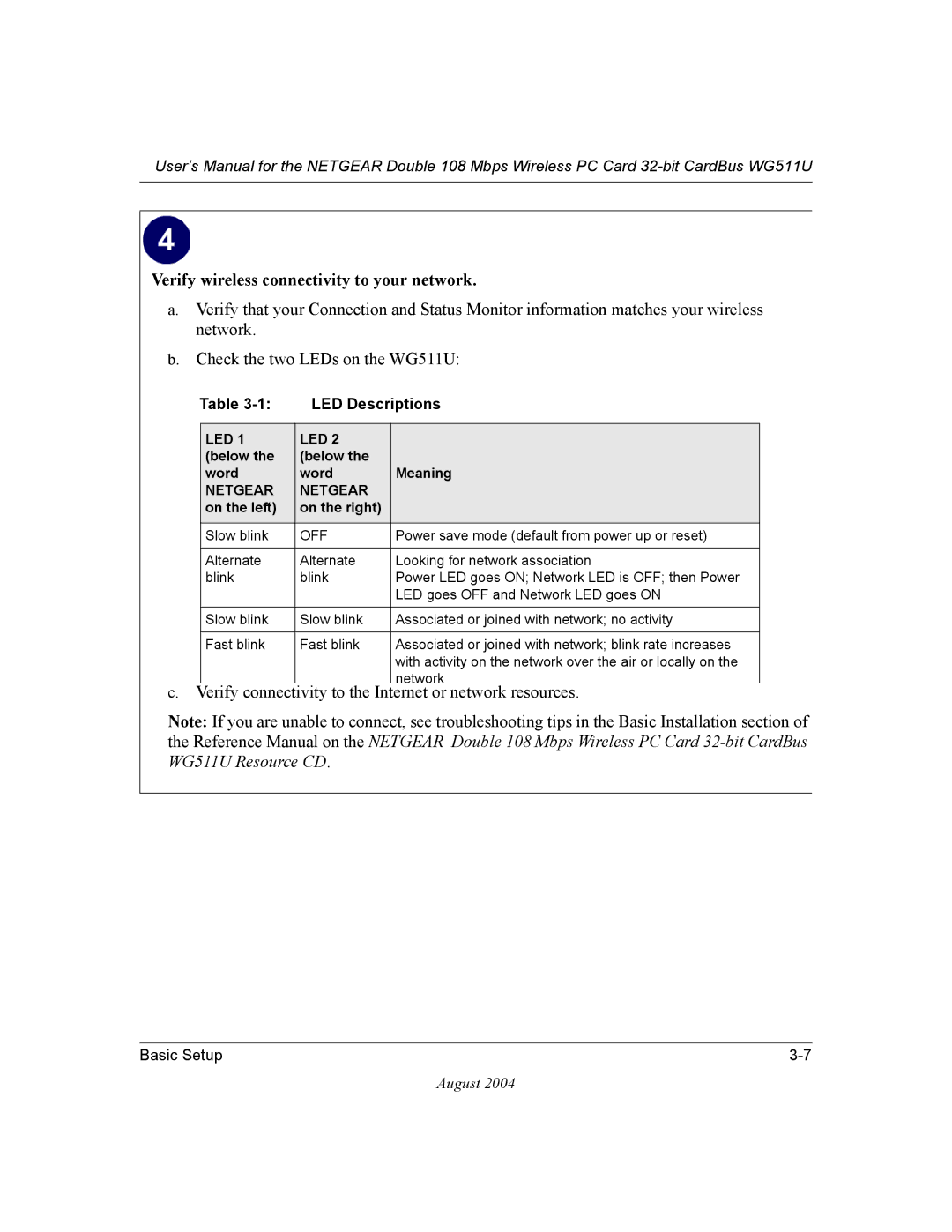 NETGEAR WG511U user manual Verify wireless connectivity to your network, LED Descriptions 