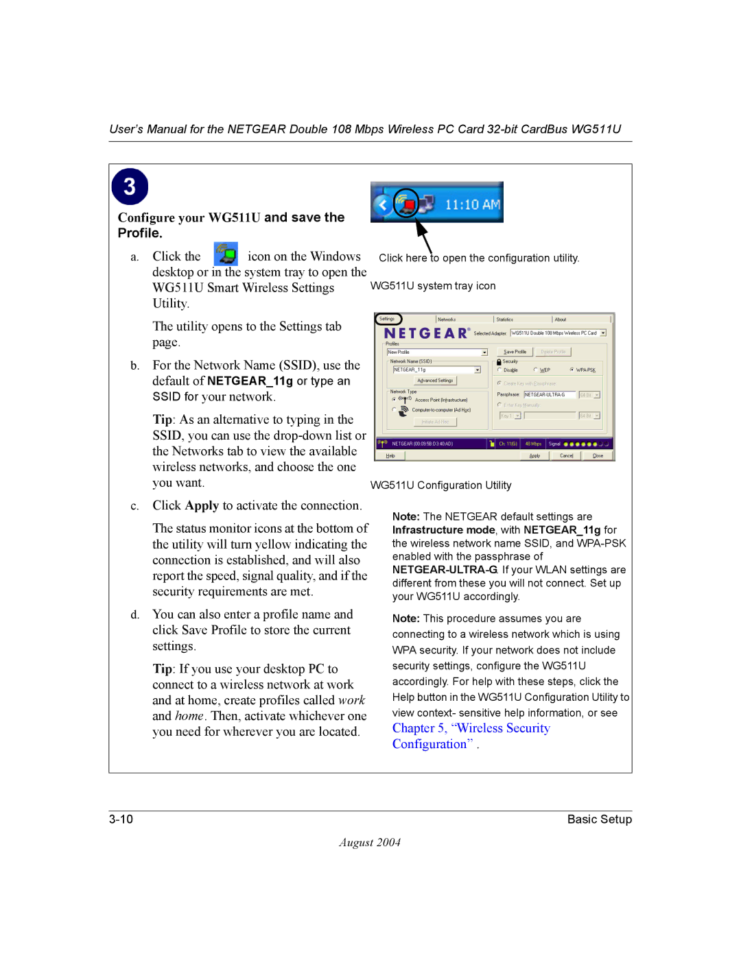 NETGEAR user manual Configure your WG511U and save, Profile 