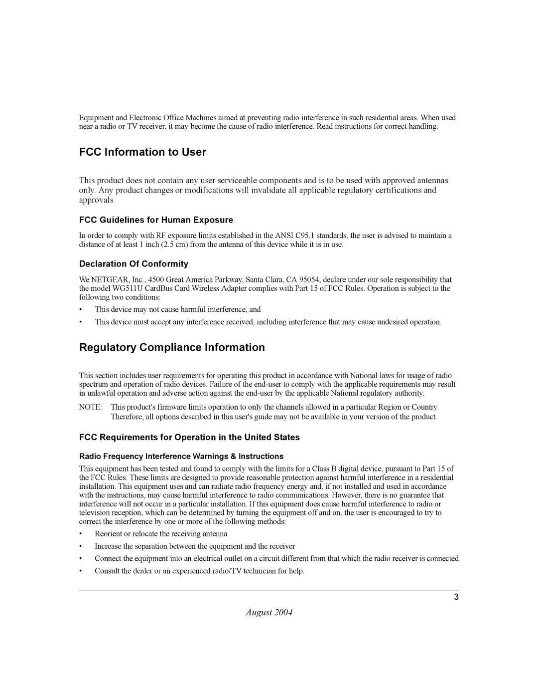 NETGEAR WG511U user manual FCC Information to User 