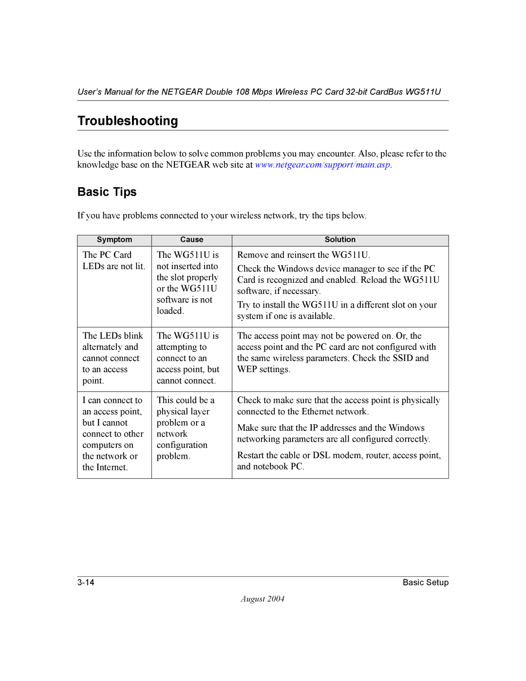 NETGEAR WG511U user manual Troubleshooting, Basic Tips 