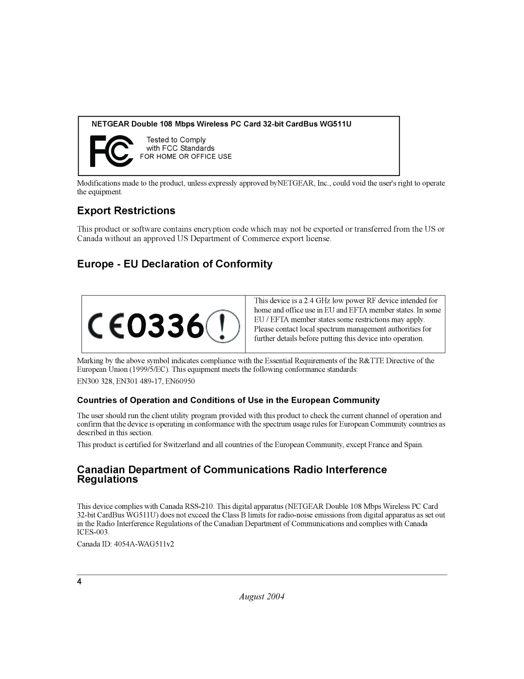 NETGEAR WG511U user manual Export Restrictions 