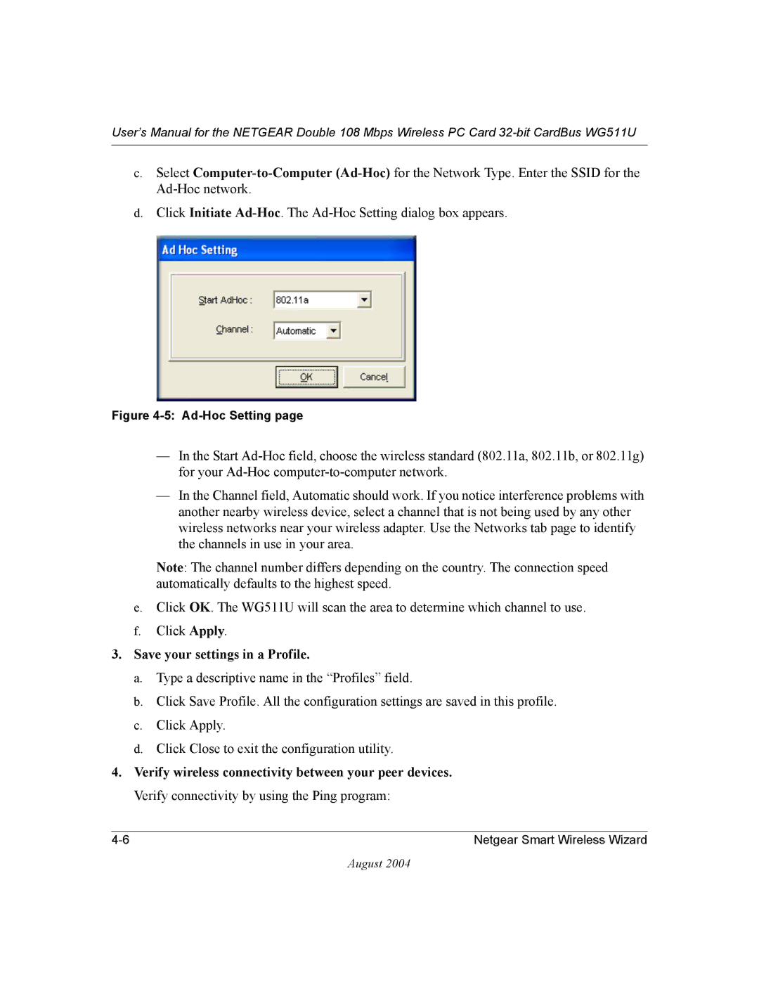 NETGEAR WG511U user manual Ad-Hoc Setting 