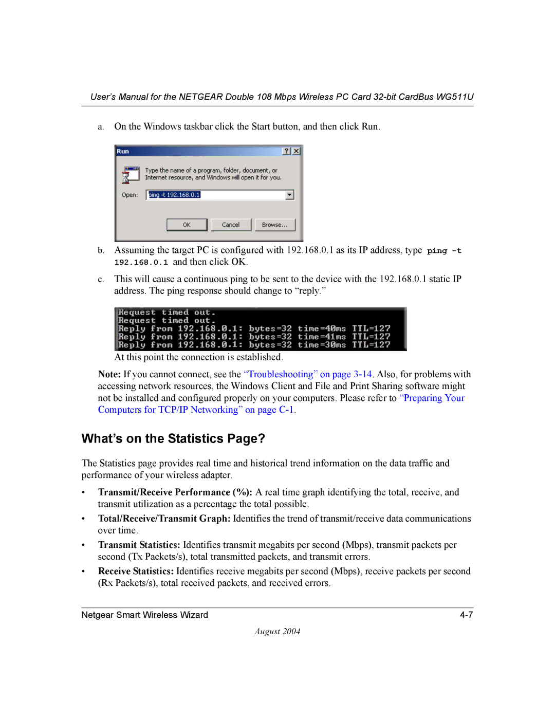 NETGEAR WG511U user manual What’s on the Statistics Page? 