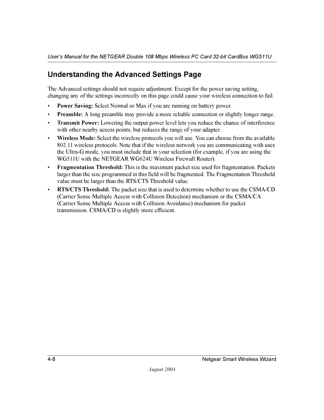 NETGEAR WG511U user manual Understanding the Advanced Settings 