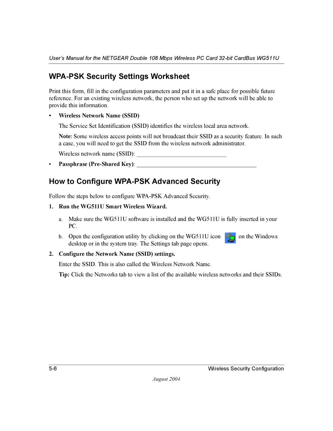 NETGEAR WG511U user manual WPA-PSK Security Settings Worksheet, How to Configure WPA-PSK Advanced Security 