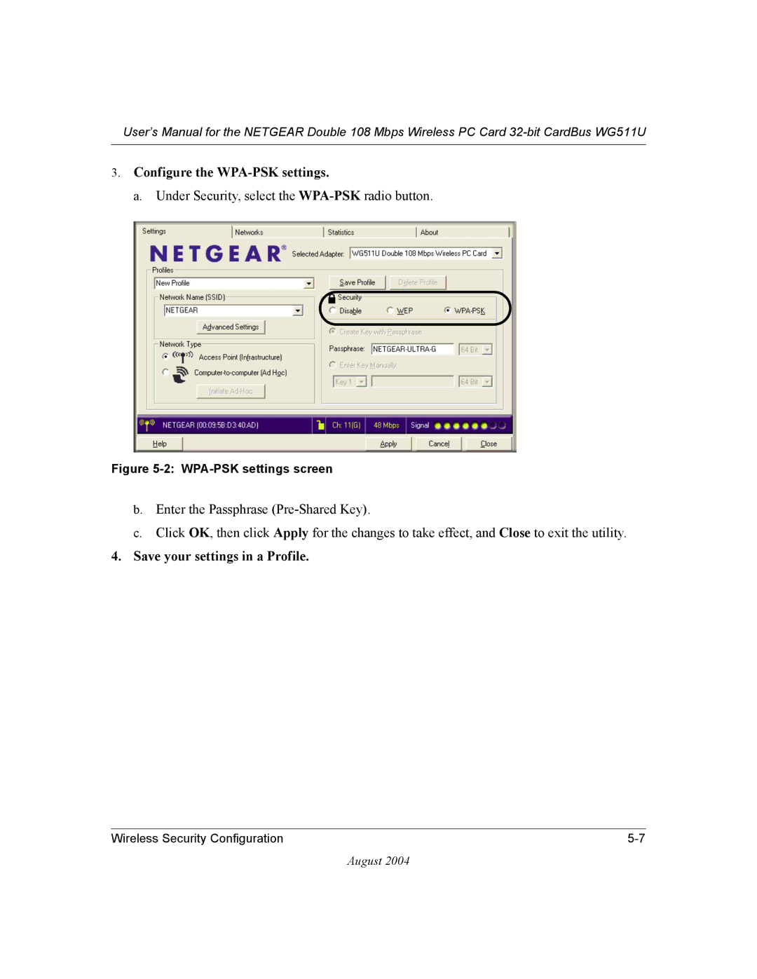 NETGEAR WG511U user manual Configure the WPA-PSK settings, WPA-PSK settings screen 