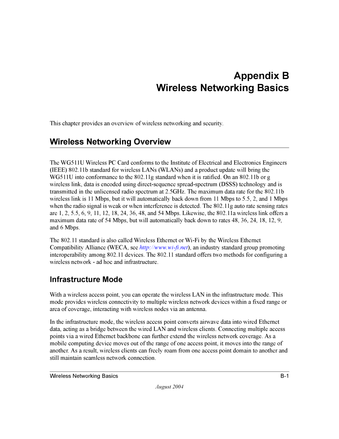 NETGEAR WG511U user manual Appendix B Wireless Networking Basics, Wireless Networking Overview, Infrastructure Mode 