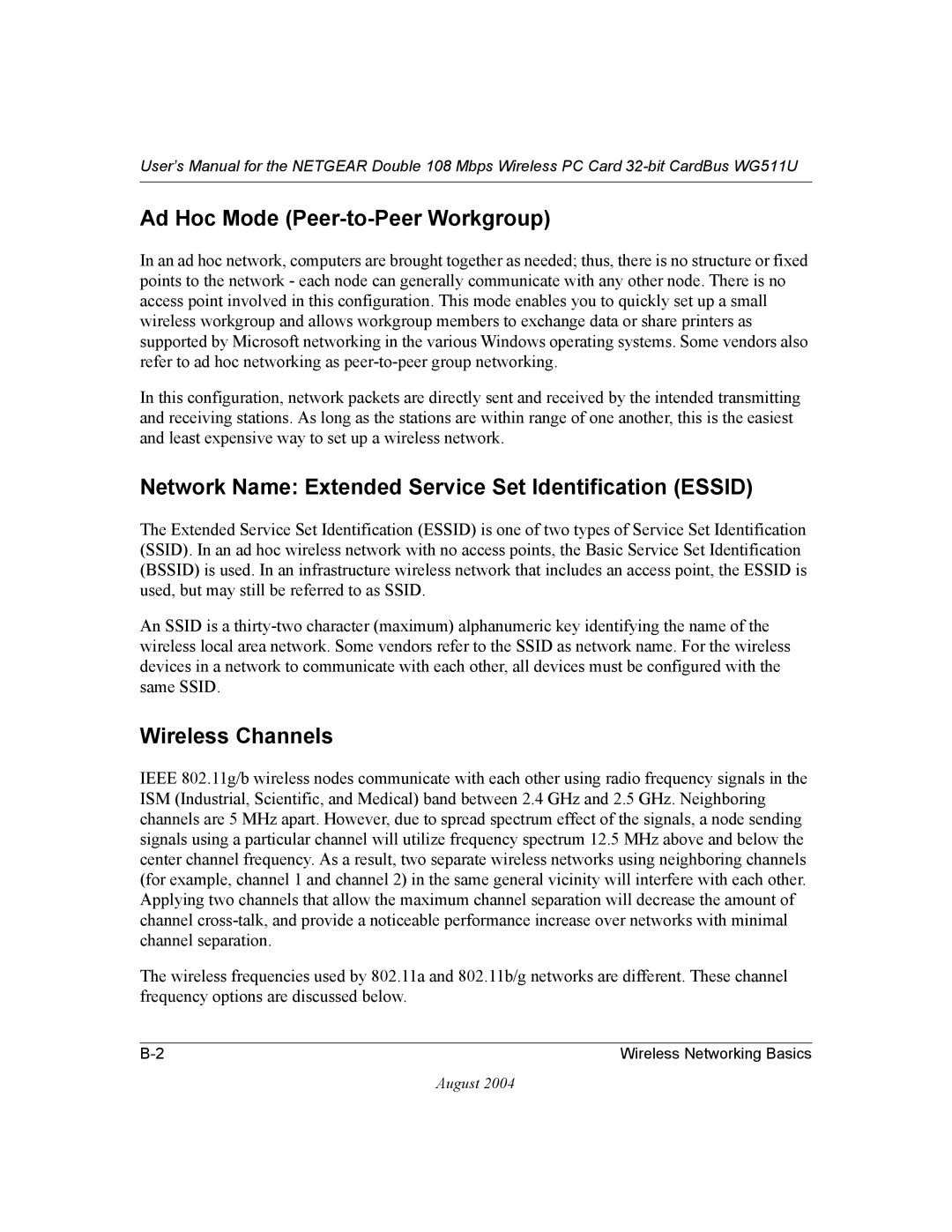 NETGEAR WG511U user manual Ad Hoc Mode Peer-to-Peer Workgroup, Network Name Extended Service Set Identification Essid 