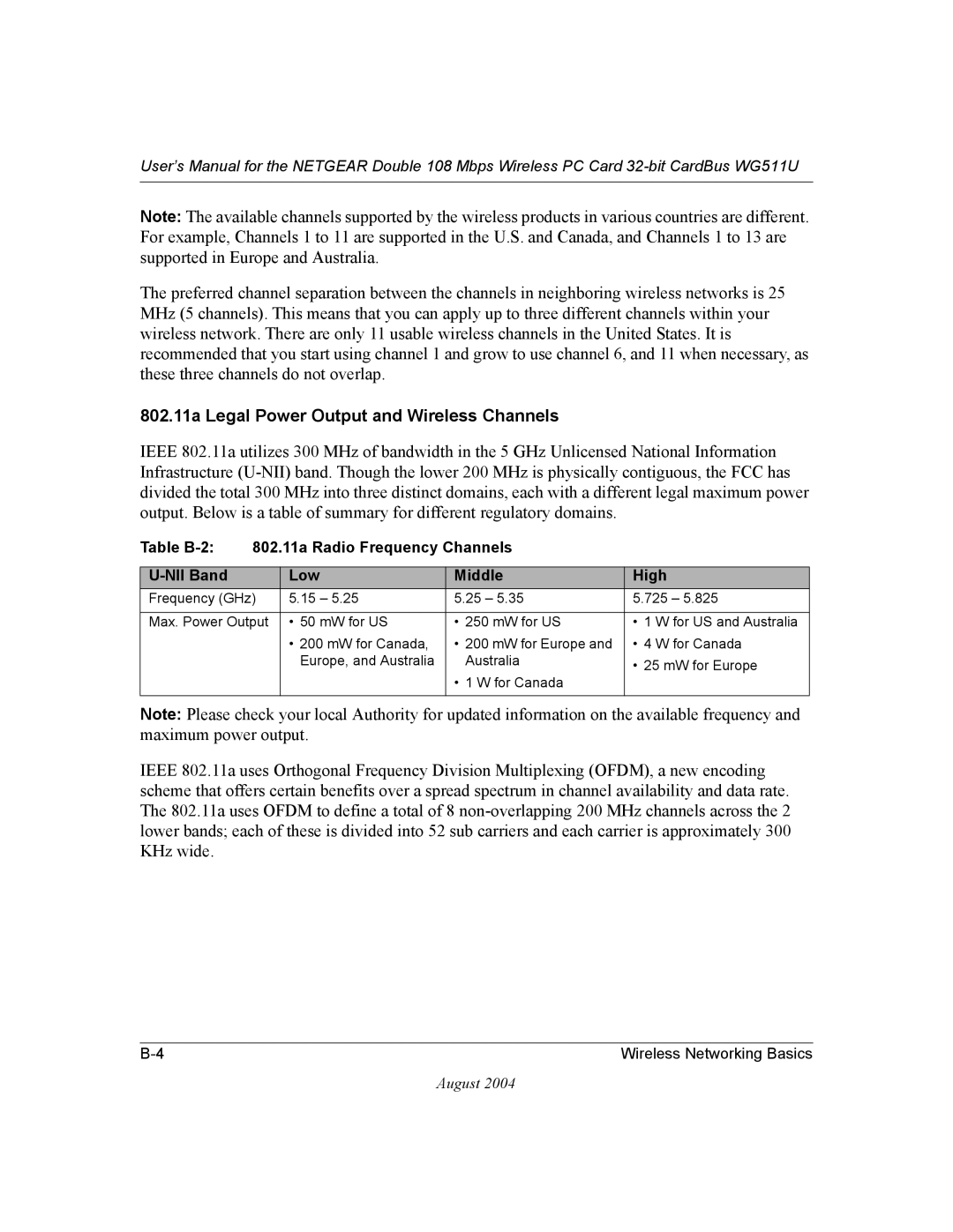 NETGEAR WG511U user manual 802.11a Legal Power Output and Wireless Channels 