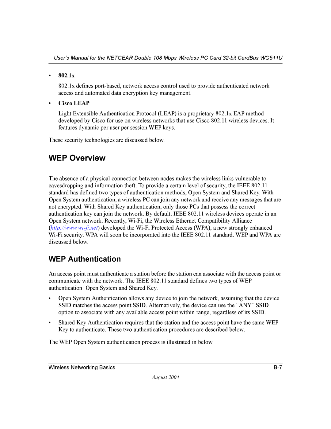 NETGEAR WG511U user manual WEP Overview, WEP Authentication, 802.1x, Cisco Leap 