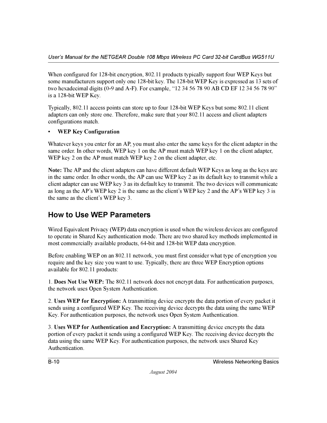 NETGEAR WG511U user manual How to Use WEP Parameters, WEP Key Configuration 