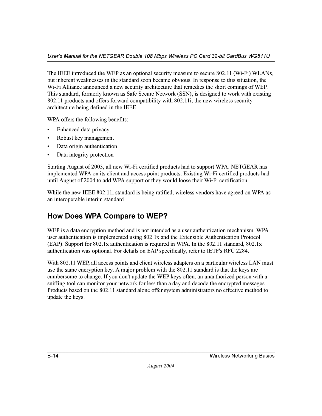 NETGEAR WG511U user manual How Does WPA Compare to WEP? 