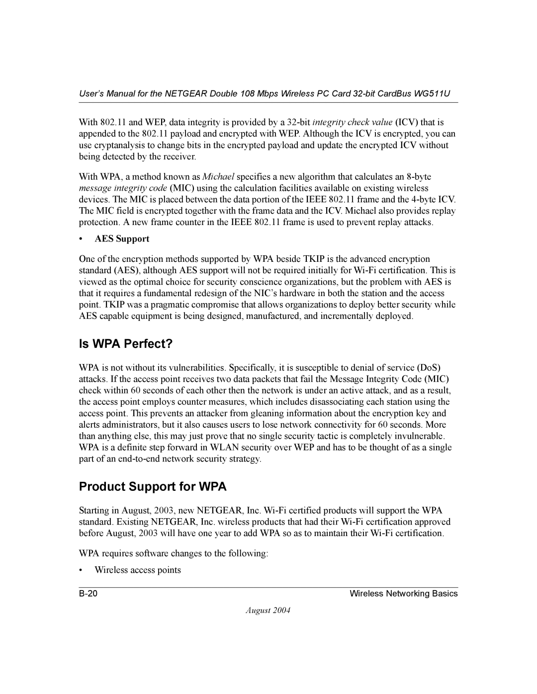 NETGEAR WG511U user manual Is WPA Perfect?, Product Support for WPA, AES Support 