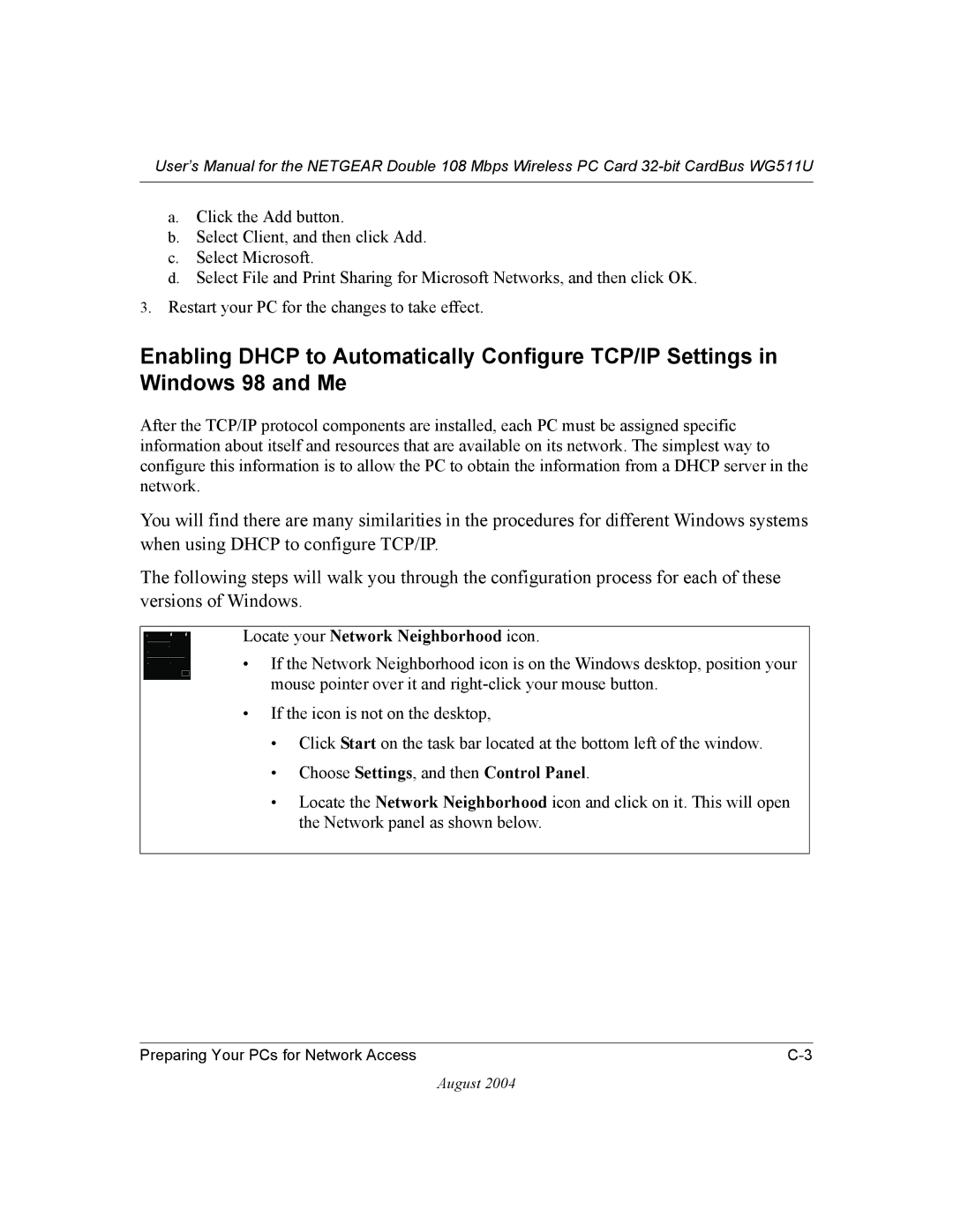 NETGEAR WG511U user manual Locate your Network Neighborhood icon, Choose Settings, and then Control Panel 