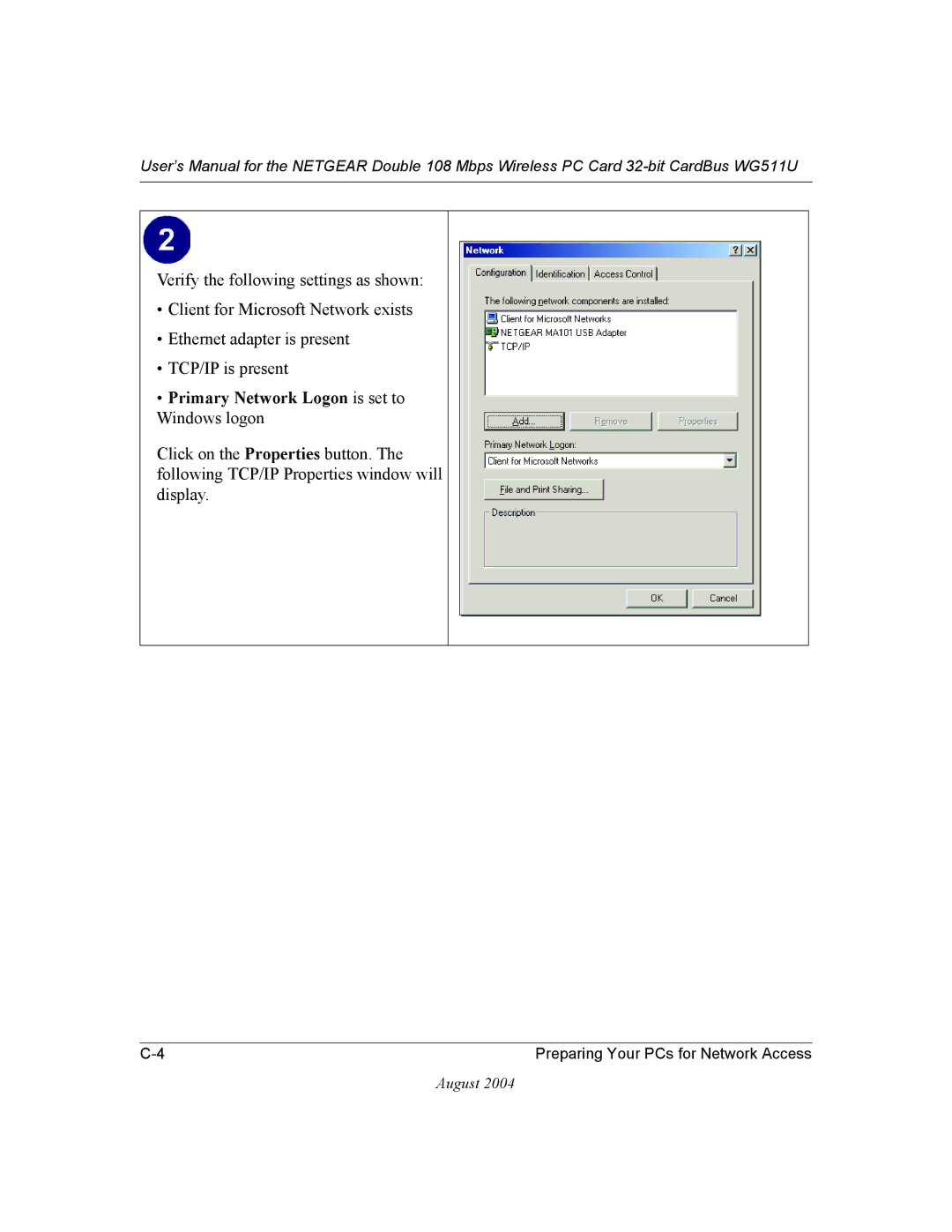 NETGEAR WG511U user manual Primary Network Logon is set to Windows logon 