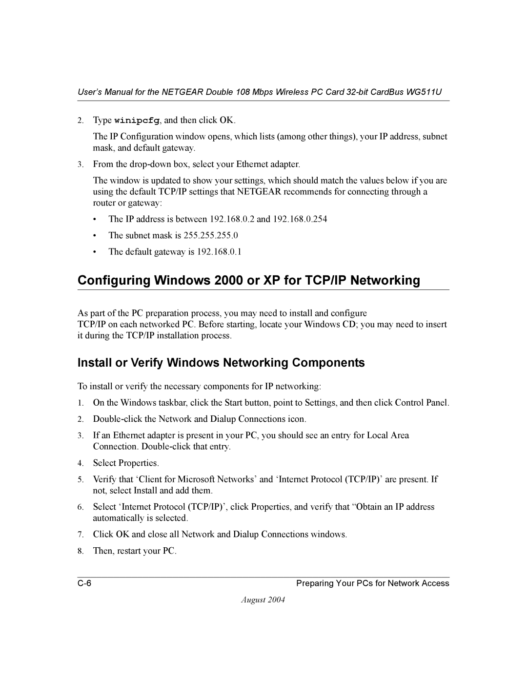 NETGEAR WG511U Configuring Windows 2000 or XP for TCP/IP Networking, Install or Verify Windows Networking Components 