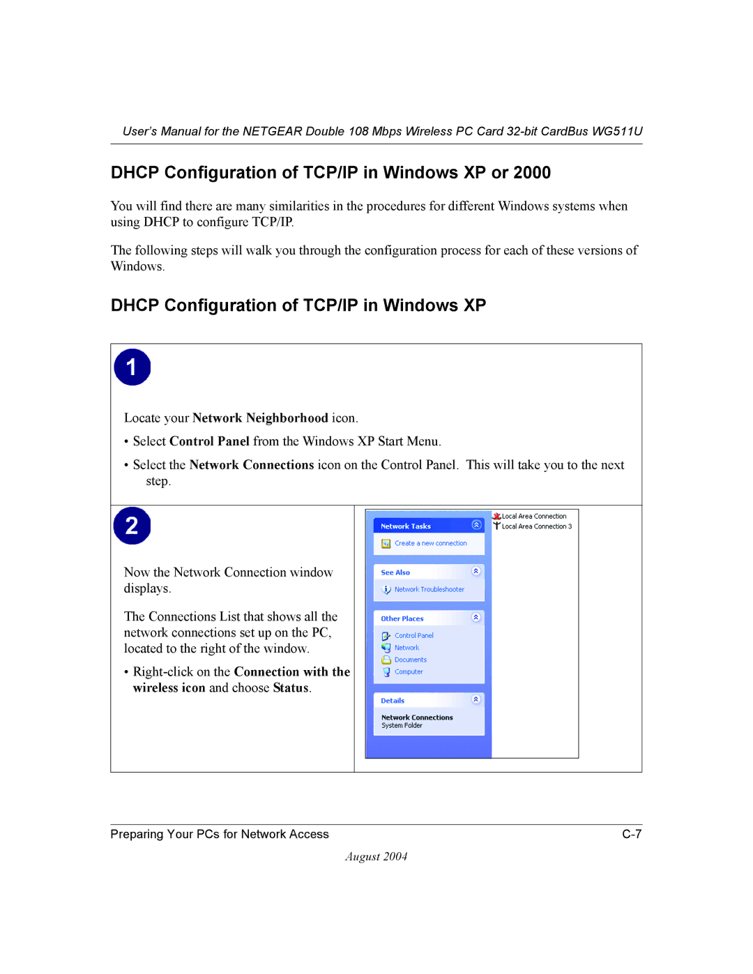 NETGEAR WG511U user manual Dhcp Configuration of TCP/IP in Windows XP or 