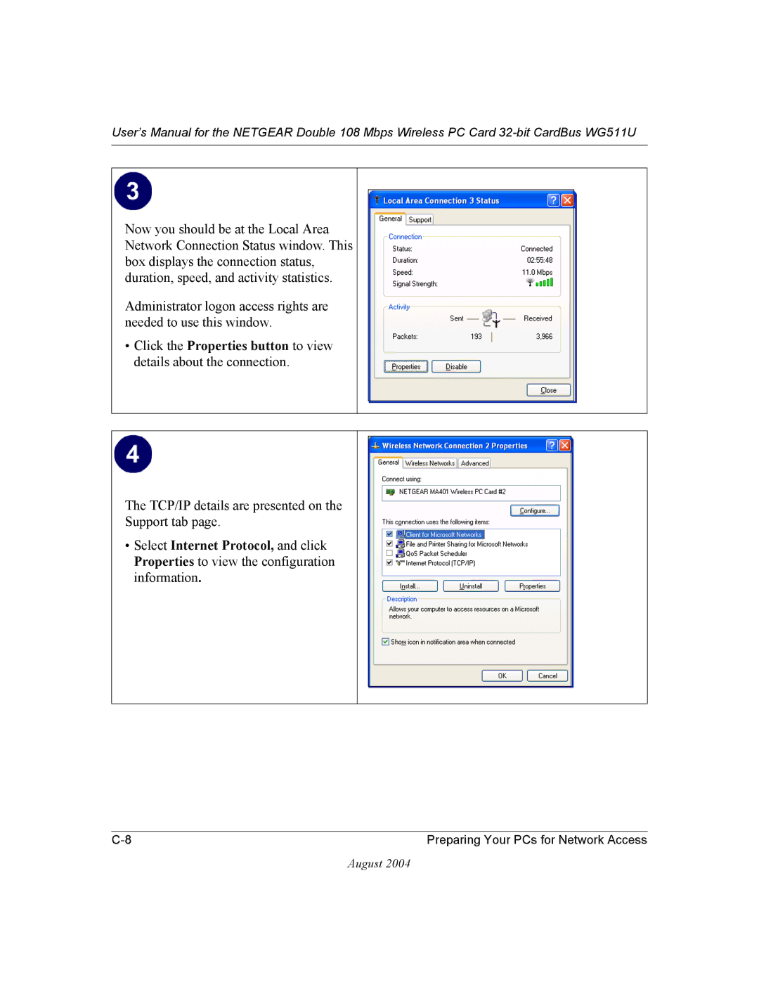 NETGEAR WG511U user manual TCP/IP details are presented on Support tab 