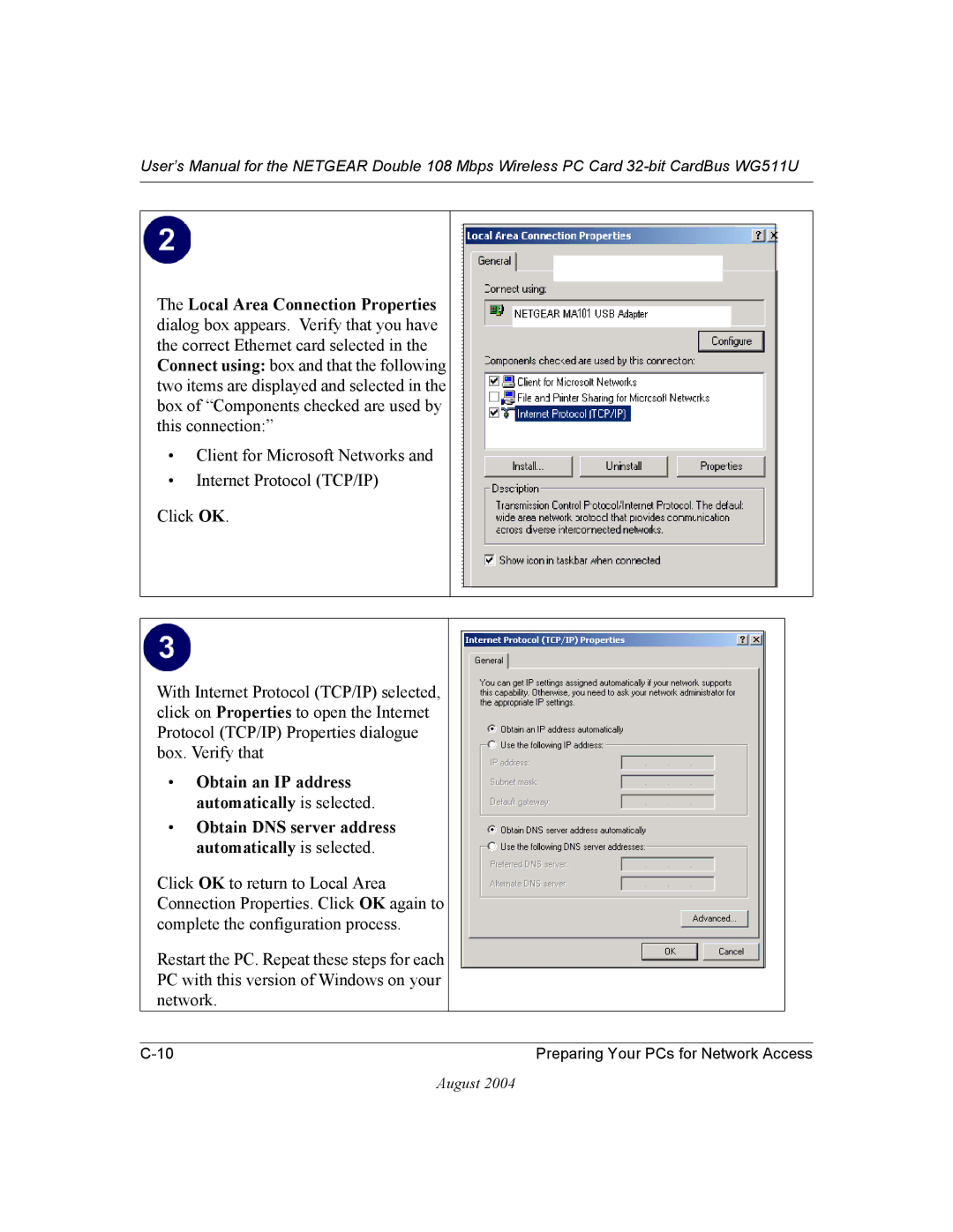 NETGEAR WG511U user manual Obtain an IP address automatically is selected 