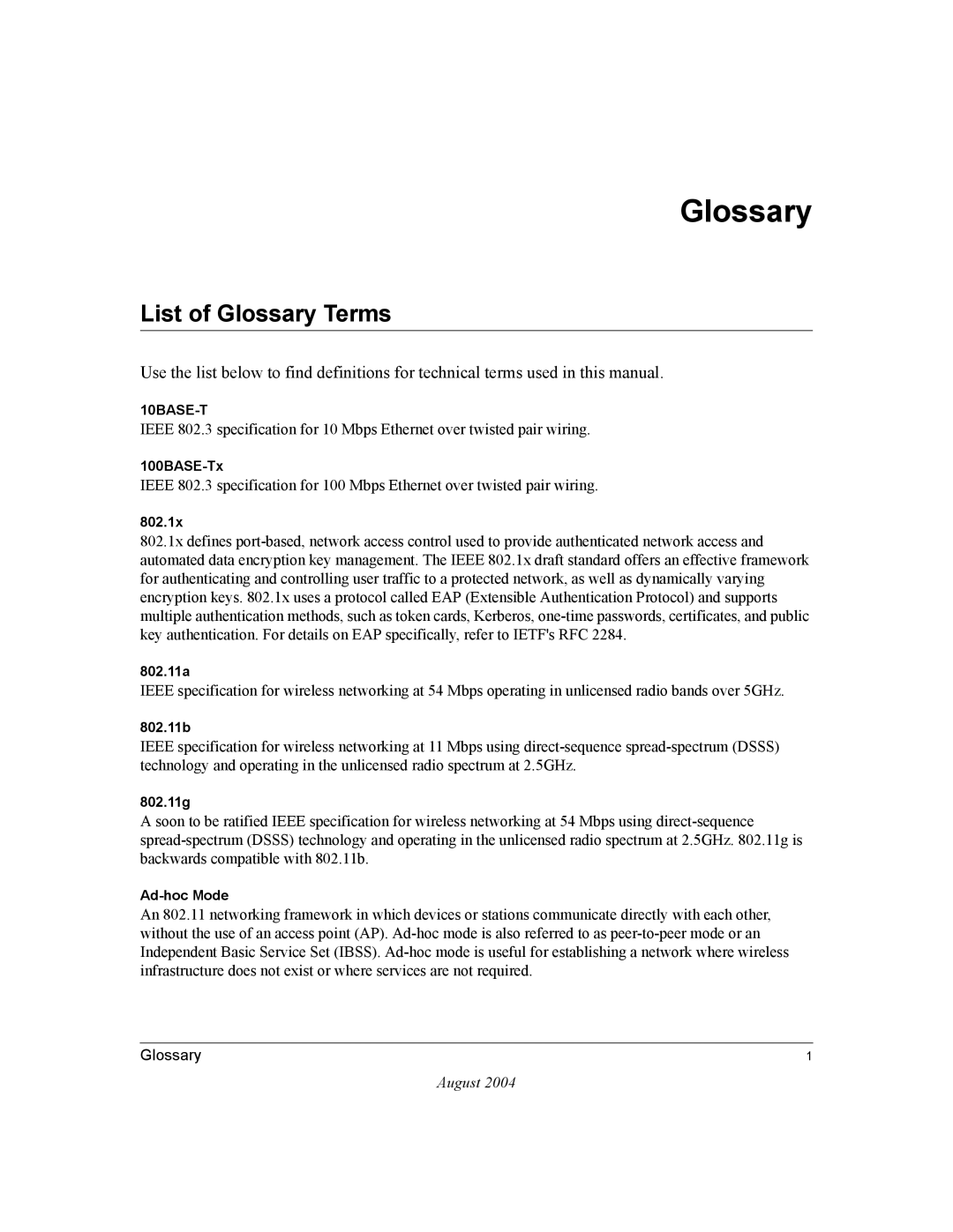 NETGEAR WG511U user manual List of Glossary Terms 