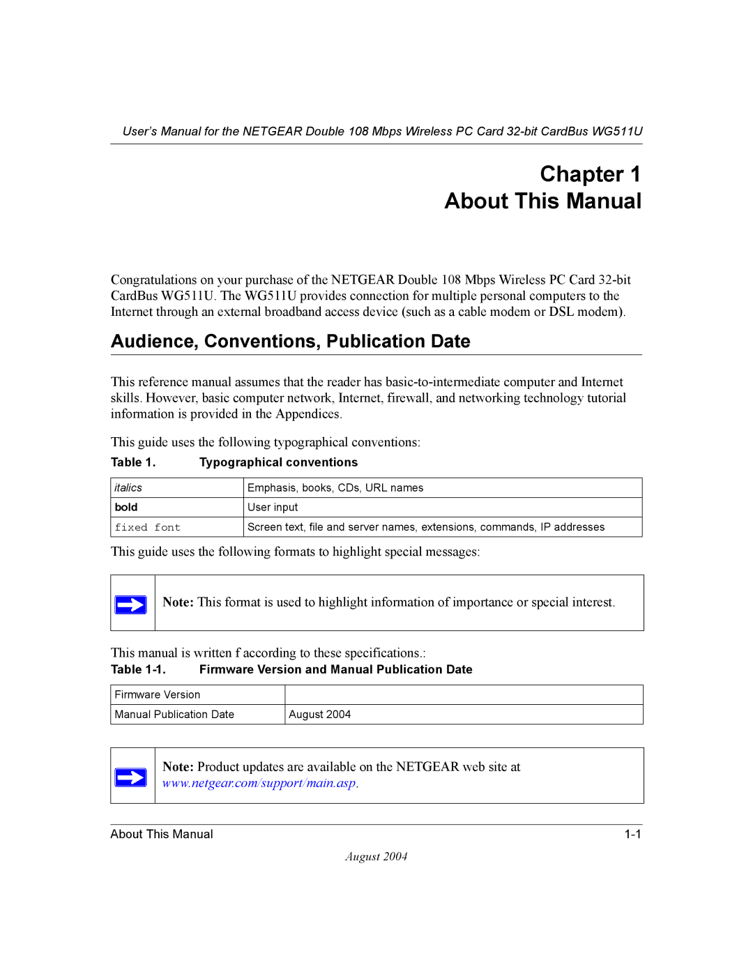 NETGEAR WG511U user manual Chapter About This Manual, Audience, Conventions, Publication Date 