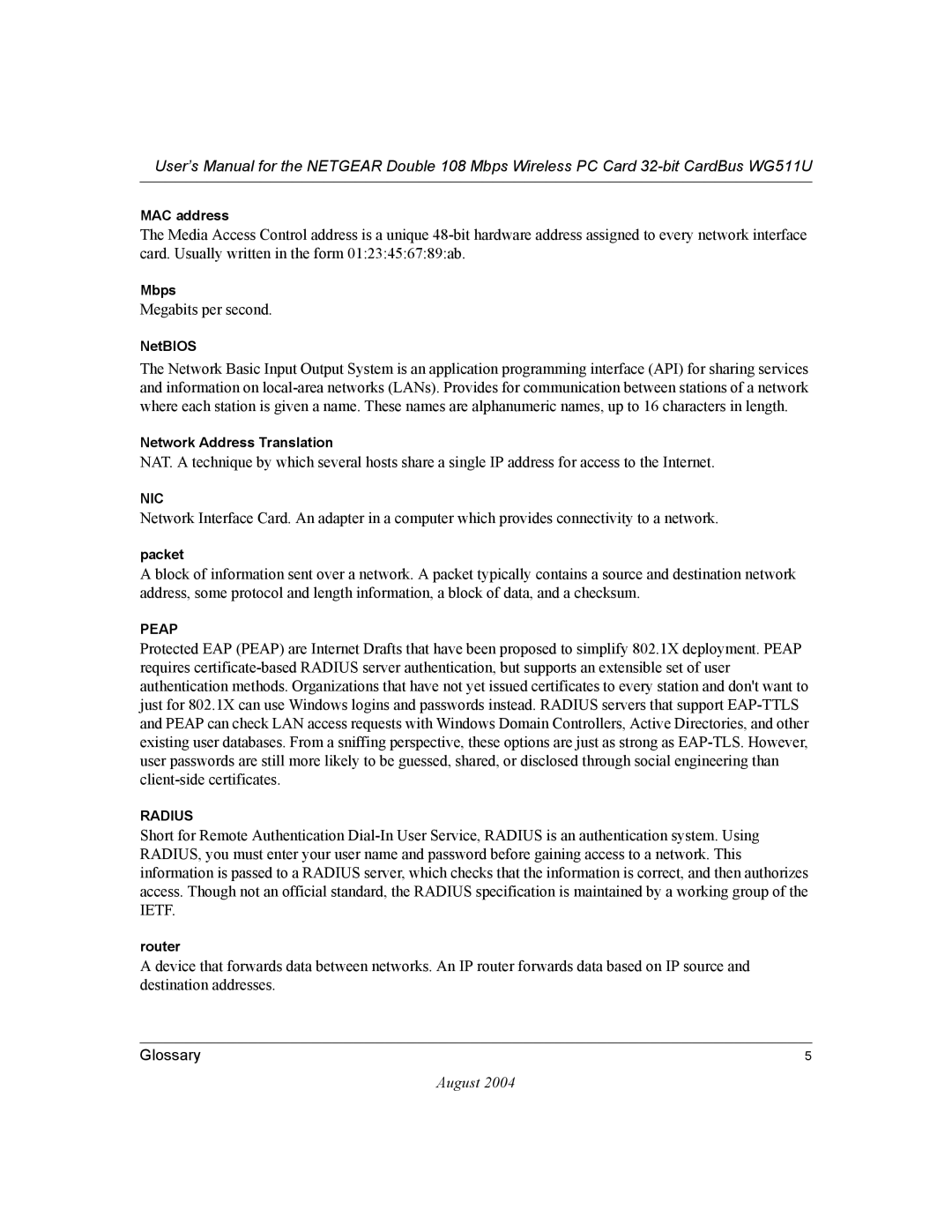 NETGEAR WG511U user manual Megabits per second 