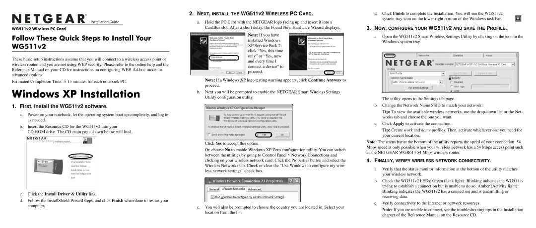 NETGEAR WG511v2 manual Windows XP Installation, NEXT, Install the WG511V2 Wireless PC Card 