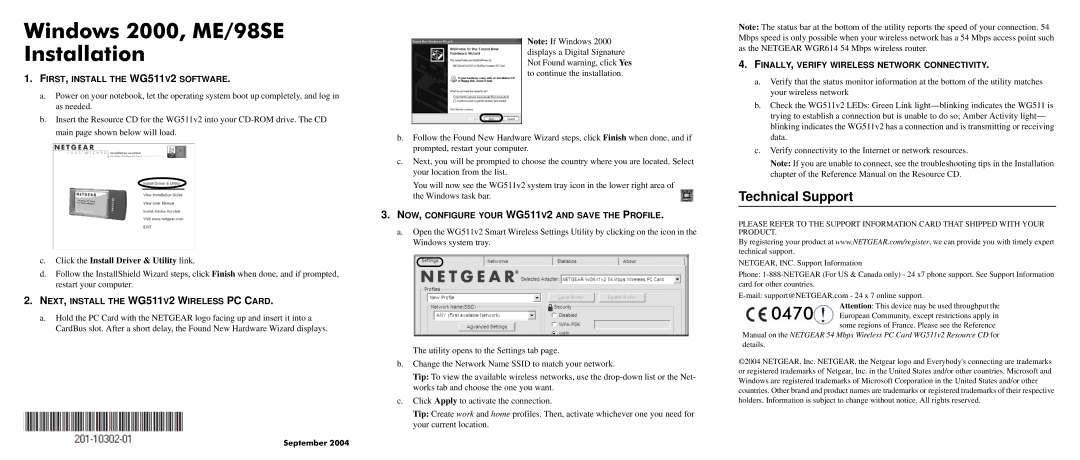 NETGEAR WG511v2 manual Windows 2000, ME/98SE Installation, FIRST, Install the WG511V2 Software 