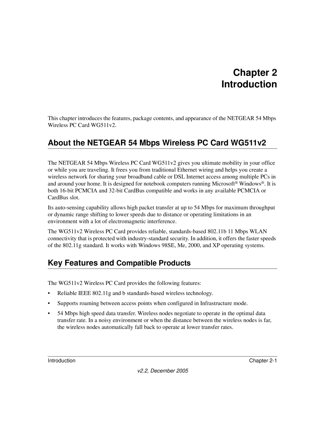 NETGEAR Chapter Introduction, About the Netgear 54 Mbps Wireless PC Card WG511v2, Key Features and Compatible Products 