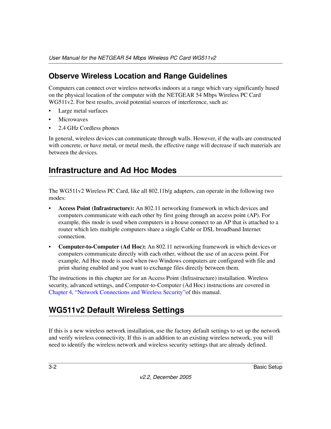 NETGEAR user manual Infrastructure and Ad Hoc Modes, WG511v2 Default Wireless Settings 