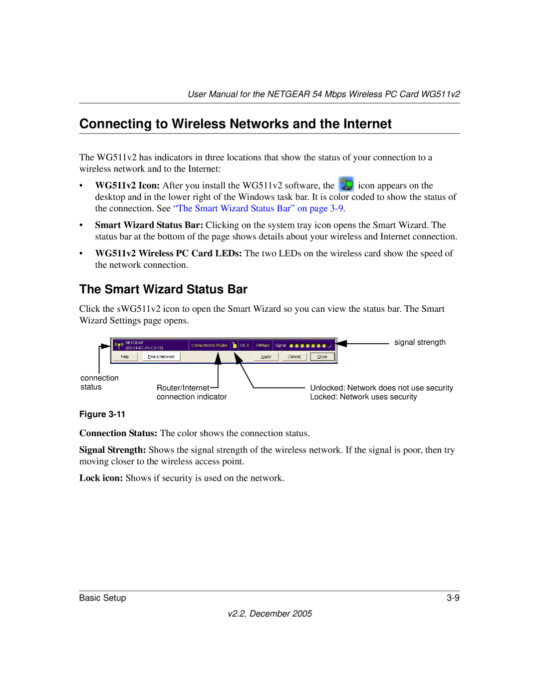 NETGEAR WG511v2 user manual Connecting to Wireless Networks and the Internet, Smart Wizard Status Bar 