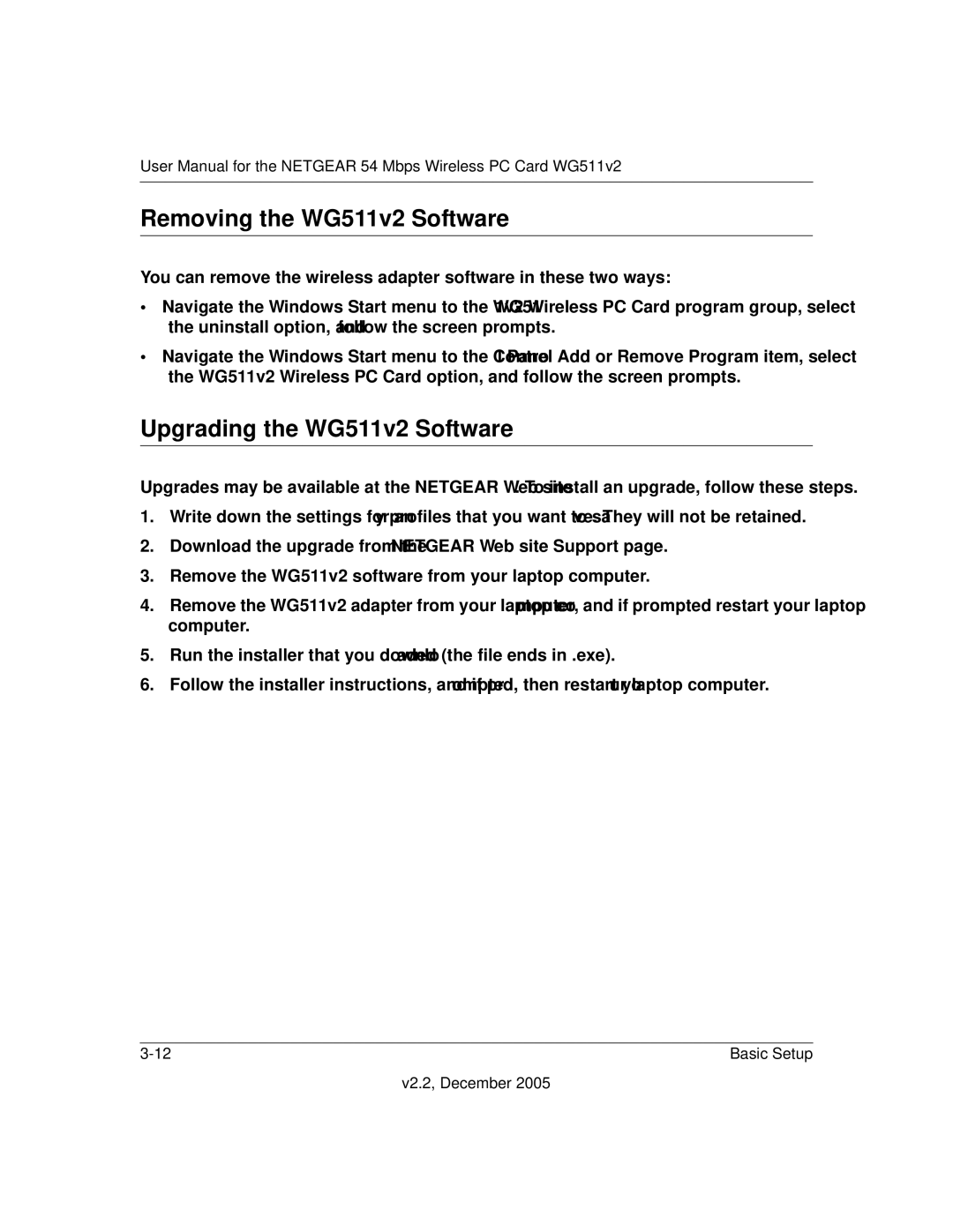 NETGEAR user manual Removing the WG511v2 Software, Upgrading the WG511v2 Software 