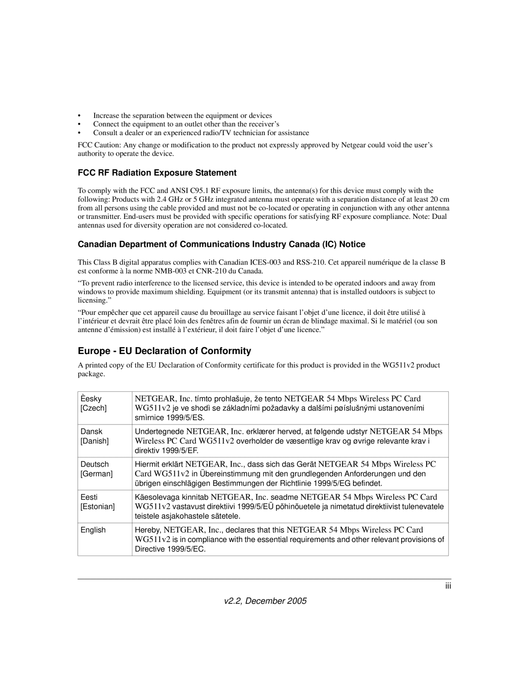 NETGEAR WG511v2 user manual Europe EU Declaration of Conformity 