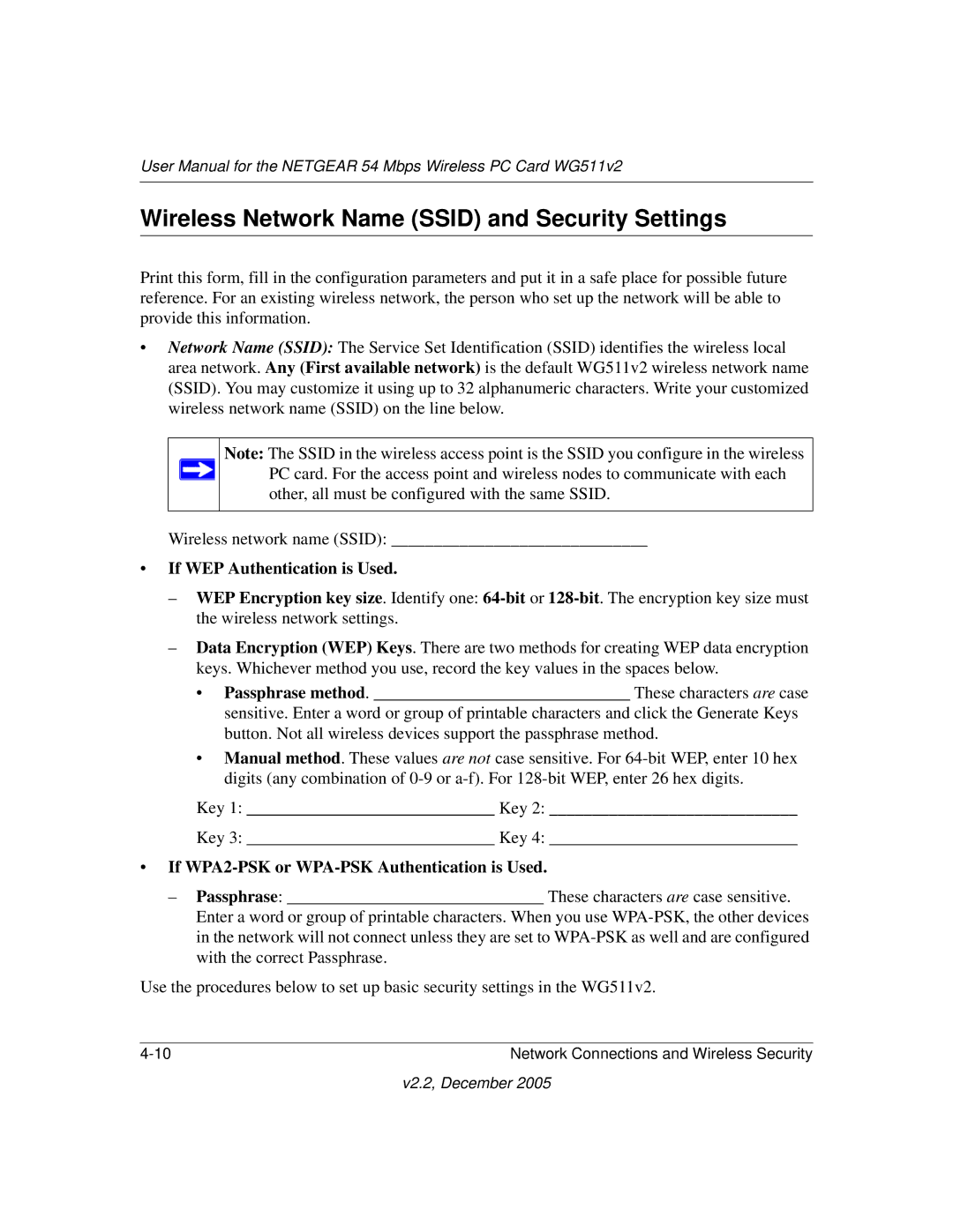 NETGEAR WG511v2 user manual Wireless Network Name Ssid and Security Settings, If WEP Authentication is Used 