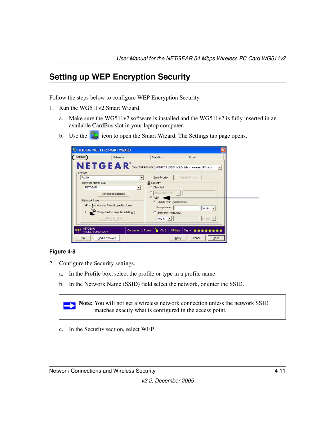 NETGEAR WG511v2 user manual Setting up WEP Encryption Security 