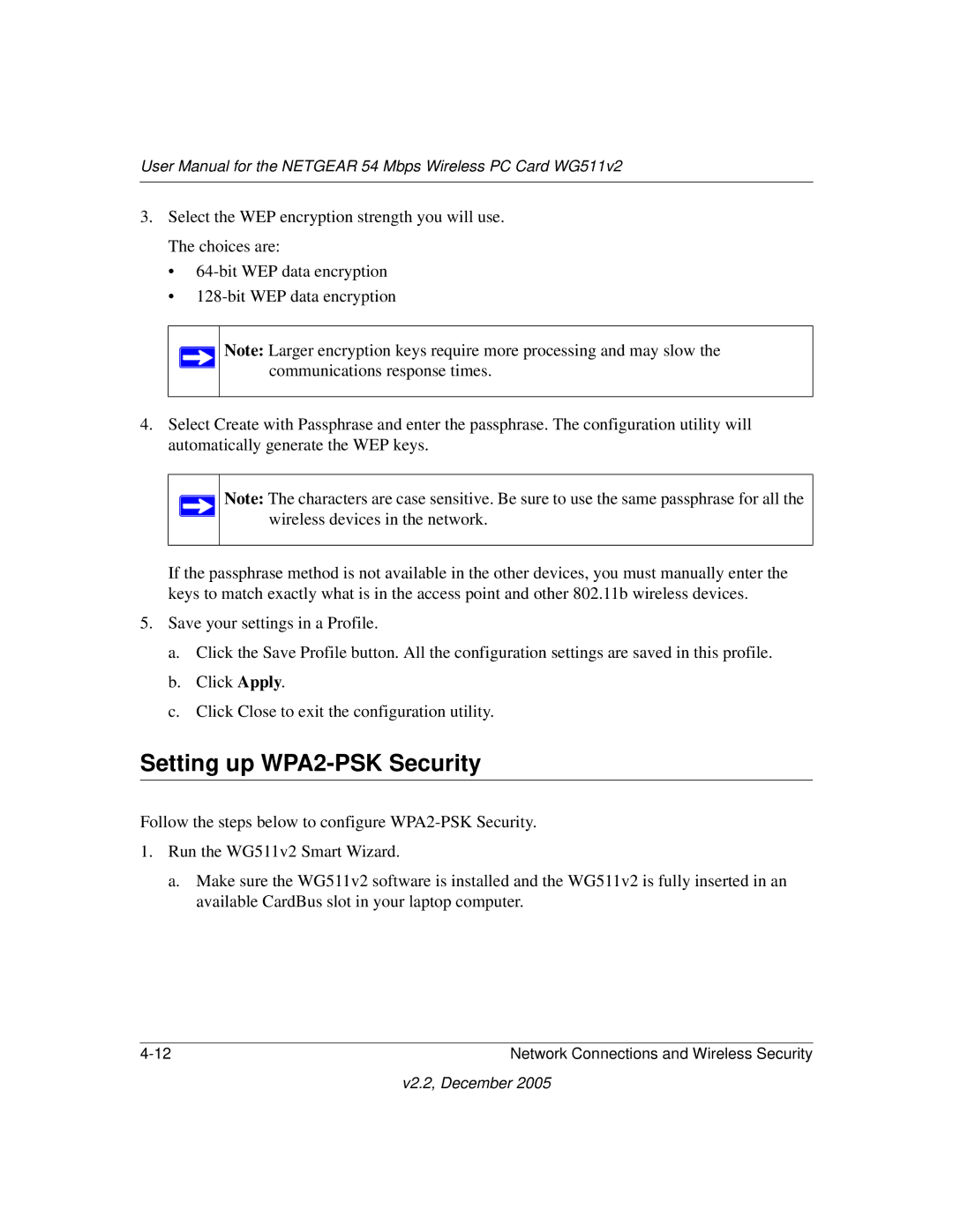 NETGEAR WG511v2 user manual Setting up WPA2-PSK Security 