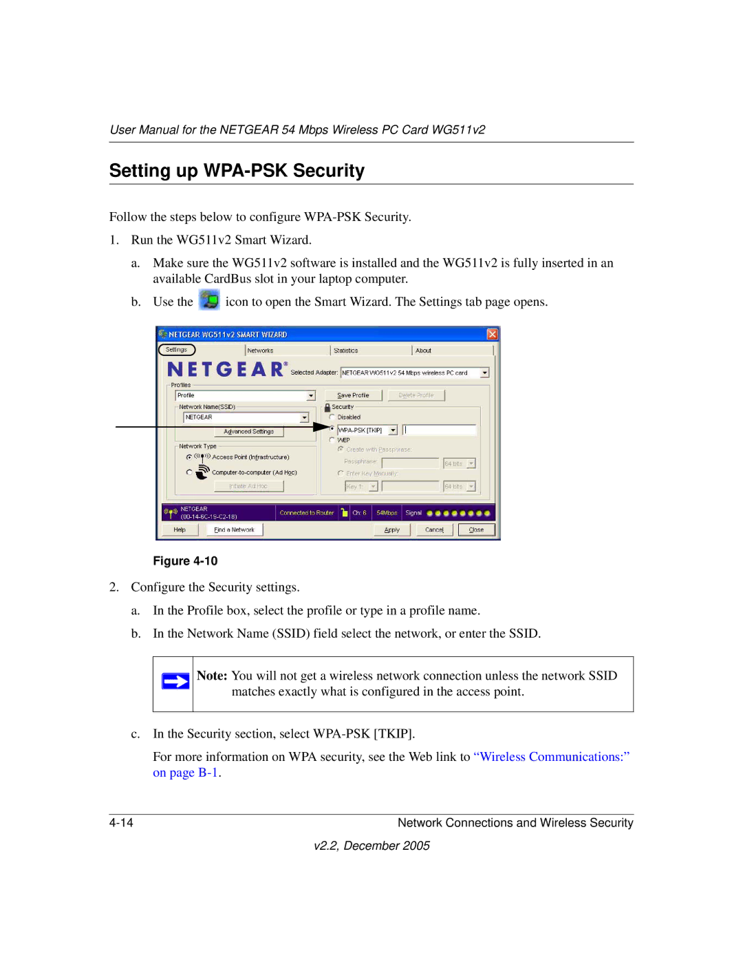 NETGEAR WG511v2 user manual Setting up WPA-PSK Security 