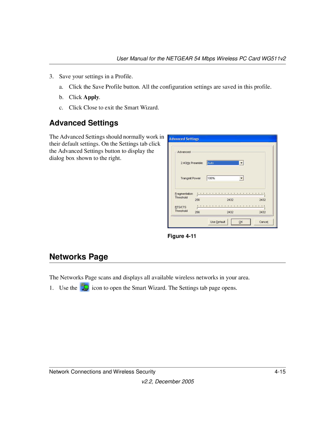 NETGEAR WG511v2 user manual Networks, Advanced Settings 