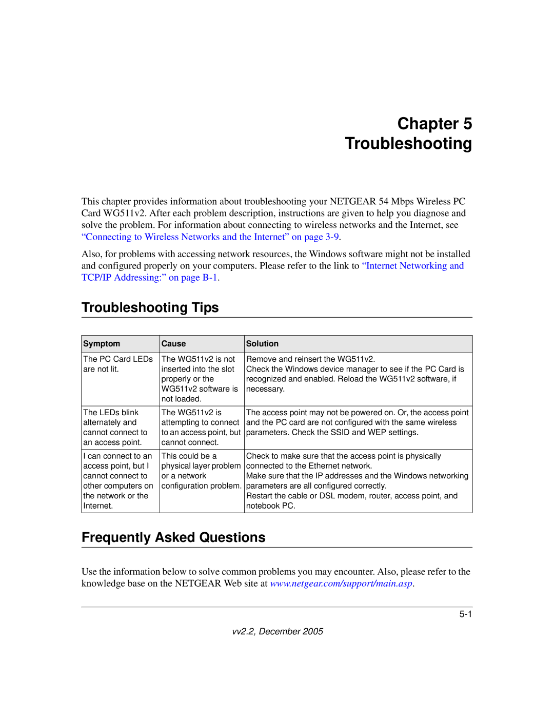 NETGEAR WG511v2 user manual Chapter Troubleshooting, Troubleshooting Tips, Frequently Asked Questions 