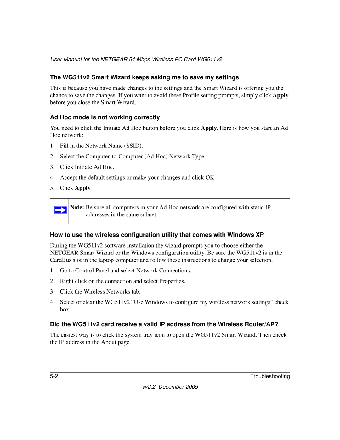 NETGEAR user manual WG511v2 Smart Wizard keeps asking me to save my settings 