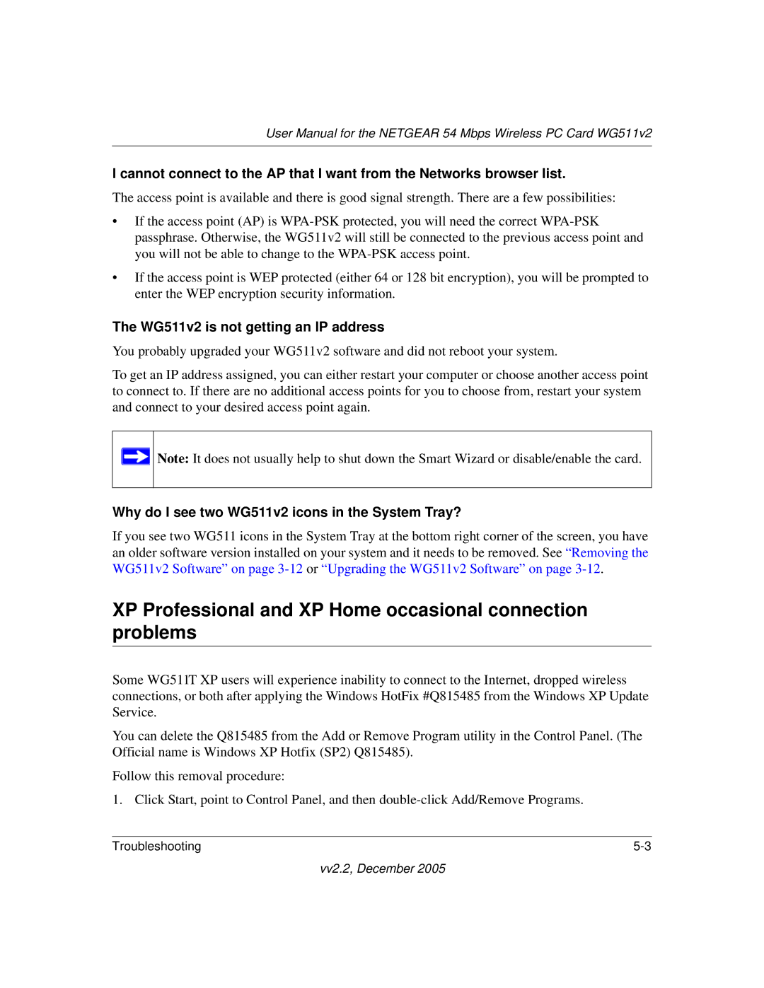 NETGEAR user manual XP Professional and XP Home occasional connection problems, WG511v2 is not getting an IP address 