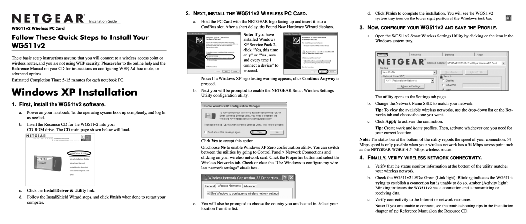 NETGEAR WG511v2 manual Windows XP Installation, c. Click the Install Driver & Utility link 